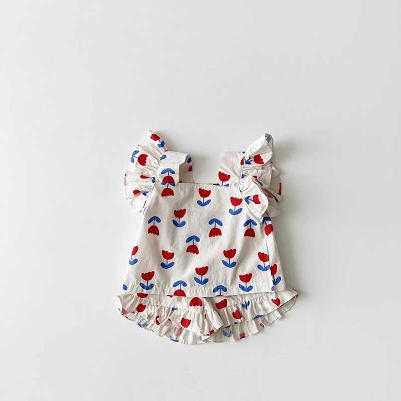Summer Kids Girls Clothes Sets 2024 Flower Printed Sleeveless Tee Tops+Horses Suits Childrens Clothing SetT250327
