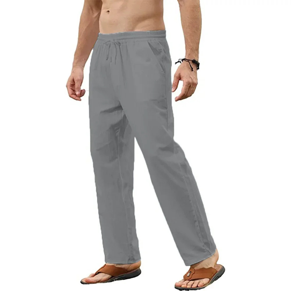 Fashionable mens cotton linen pants jogging streetwear breathable solid color vacation summer loose 250327