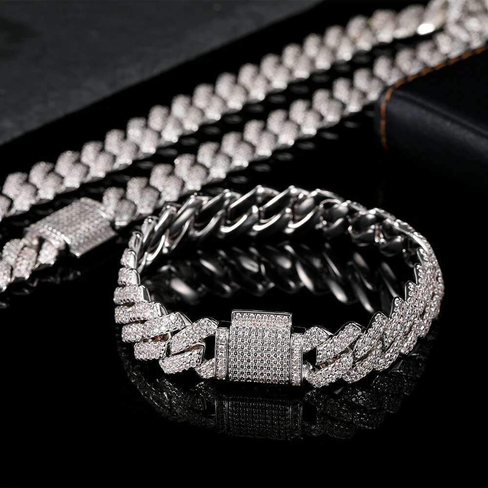 Nuoya 925 Sterling Silver Fine Jewelry Necklace Iced Vvs Moissanite Cuban Chain Hip Hop Style Moissanite Cuban Link Necklace