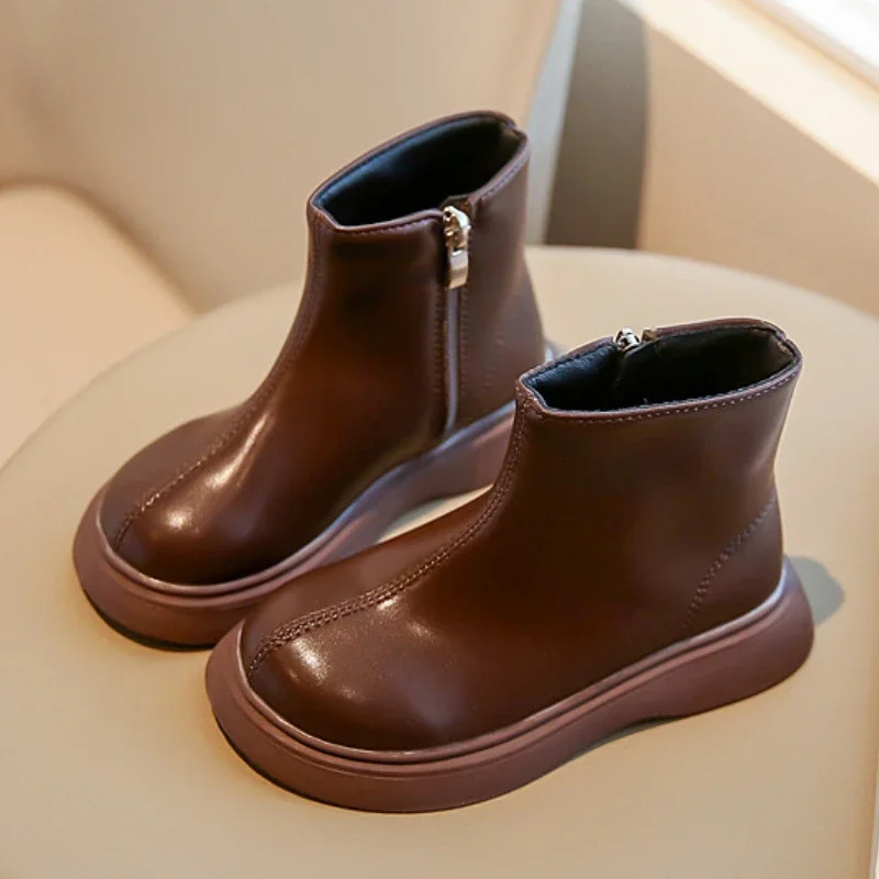 Autumn Winter Childrens Boots Fashion Simple Style Girls Ankle Boot Causal Versatile Black Kid Short Leather Boots Side Zipper 250326
