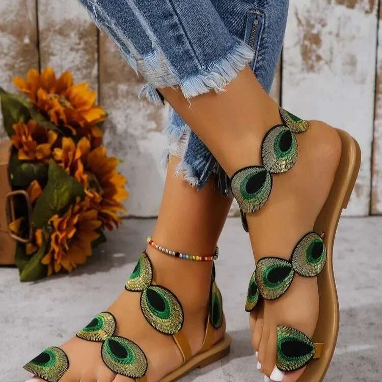 Yellow Embroidered Faux wer Fashion Sandals Flat Plus Size 43 Summer Outdoor Beach Travel Mom Shoes