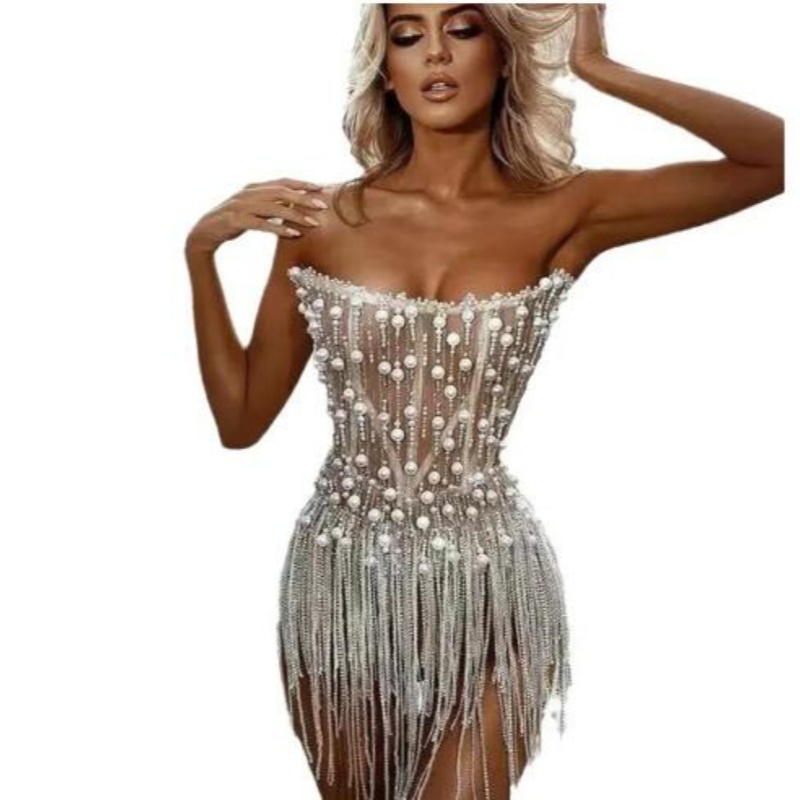 Sexy A Line Prom Dress Pearls Tassel Square Collar Sleeveless Evening Dresses Illusion Lace Above Knee Customized High Quality