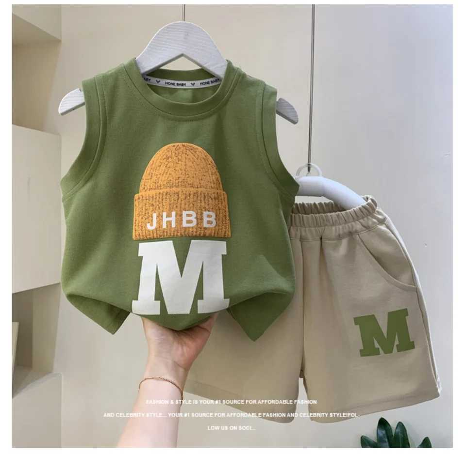 Childrens clothing set summer 2024 new sleeveless T-shirt and two-piece childrens clothing set for baby boysT250327