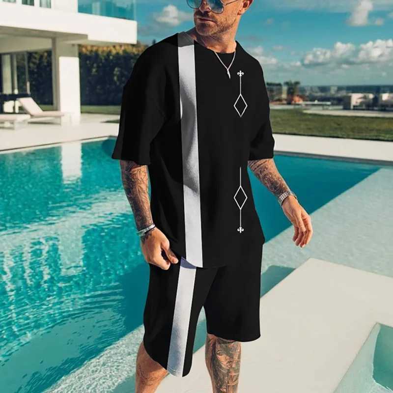 Summer mens track and field clothes 2-piece O-neck 3D short sleeved shirt set mens running clothes oversized T-shirtXJ250326