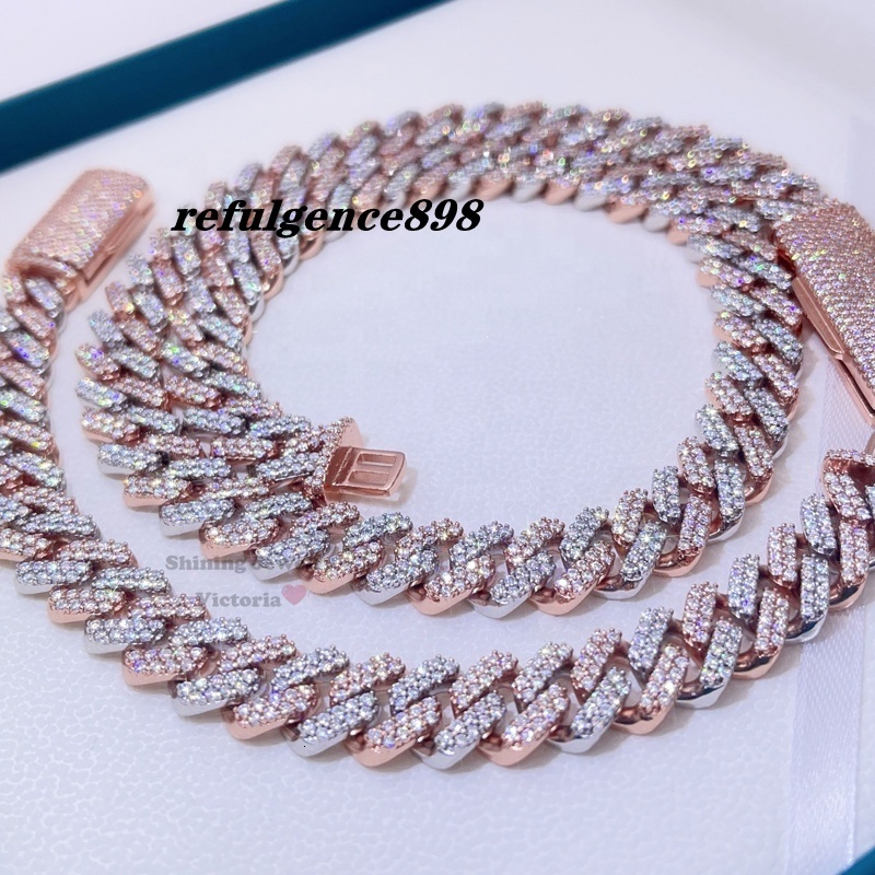 Men Fashion 13mm Rose Gold 2 Tone Vvs Moissanite Diamond Iced Out Chain Hip Hop