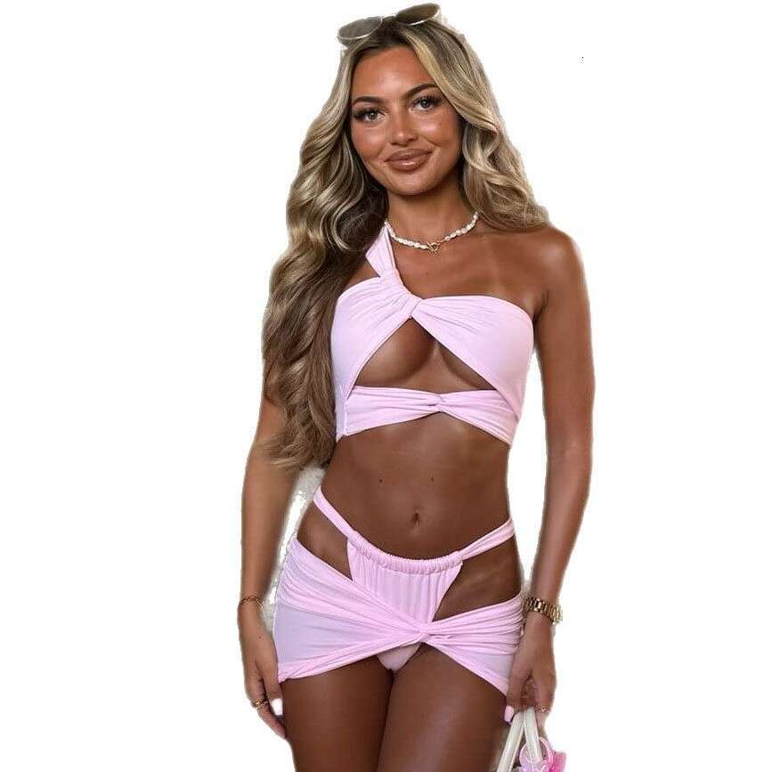 One 2025 New shoulder Hollow Bikini Set Beach Cover Up Sexy Three Pieces Swimsuit Backless Biquini Swim Suits Beachwear