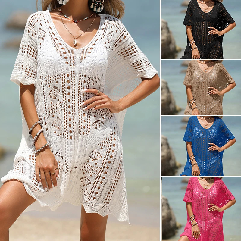 Ladies sexy deep V bikini top knitted crochet hollow bathroom set summer vacation coat beach dress 250324