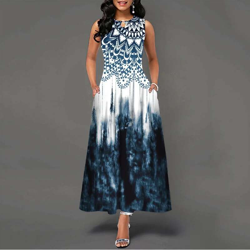 Dongdumaoyi Keyhole Jurk Met Bloemenprint Boho Mouwloze Maxi Ronde Hals En Zak Dameskleding
