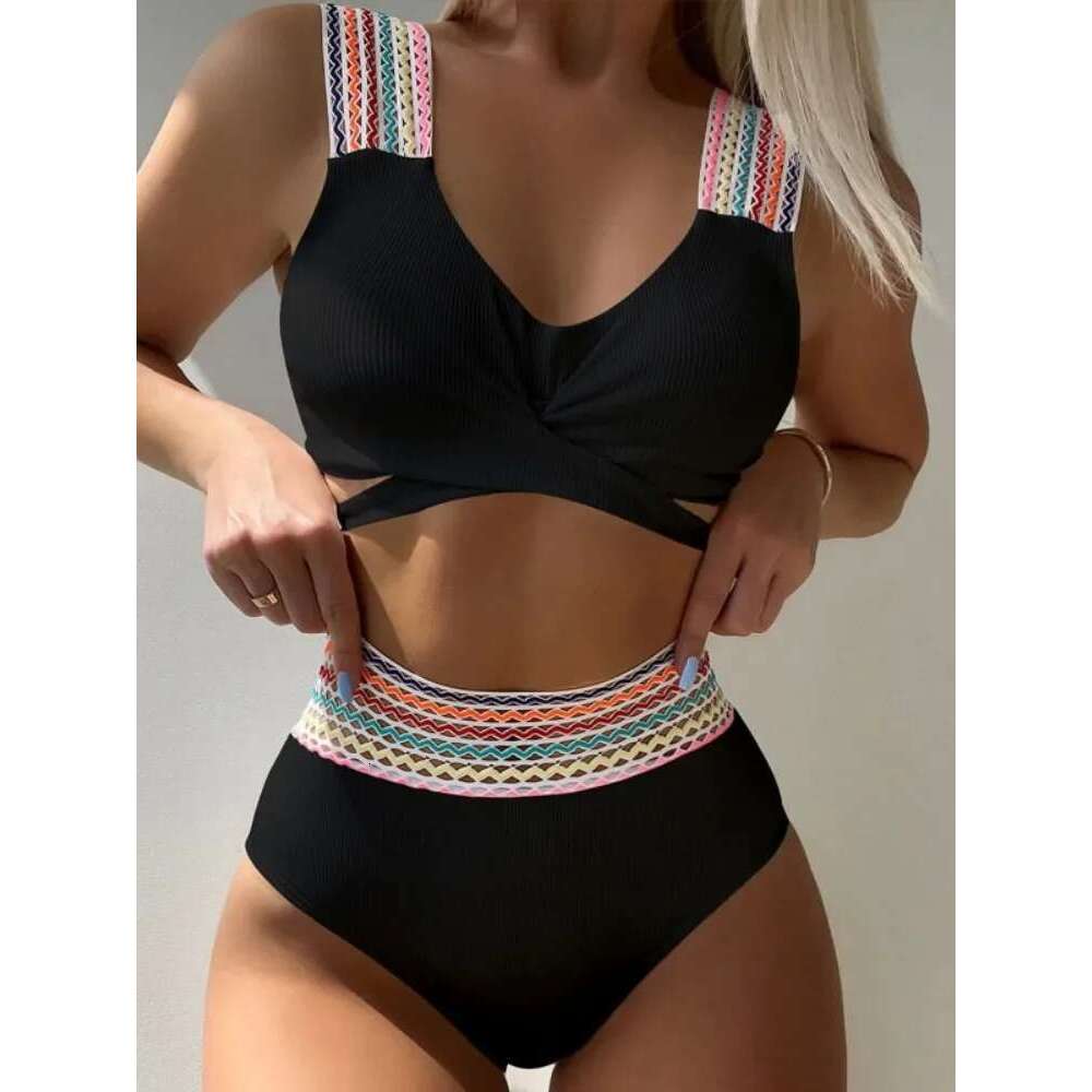 New Sexy Cross Wrap Ribbed Bikinis 2025 Women Swimwear Female Swimsuit Two Piece White High Waist Bikini Set Bather Bathing Suit