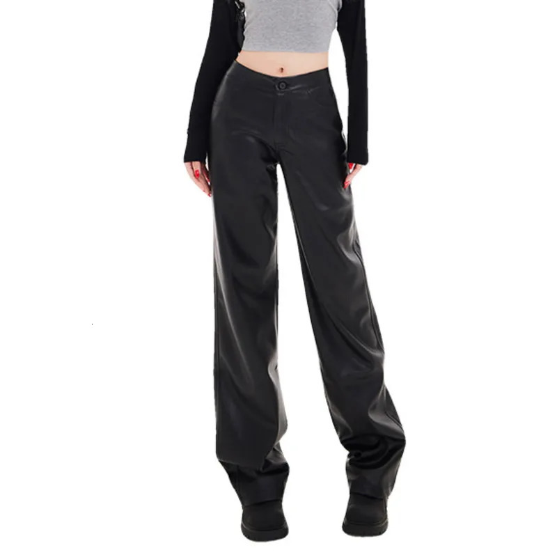 Black artificial Lether Pants loose straight length Pu leather pants high waisted Trouser streetwear for runners 250321