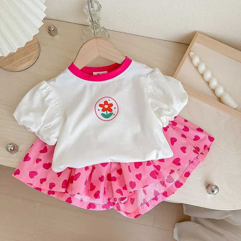 Childrens summer new short sleeved set girl T-shirt short sleeved set cute bubble sleeve T-shirt girl fashion two-piece setT250327