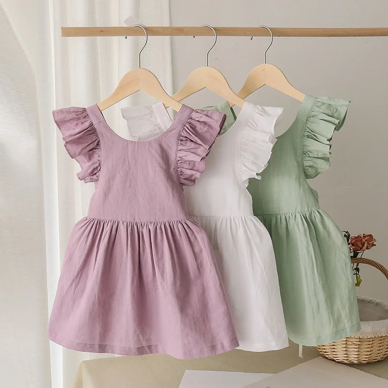 Summer Fresh And Cute Cotton And Linen Princess Dresses Girl Solid Color Ruffled Sleeveless Dress TZ47 250326