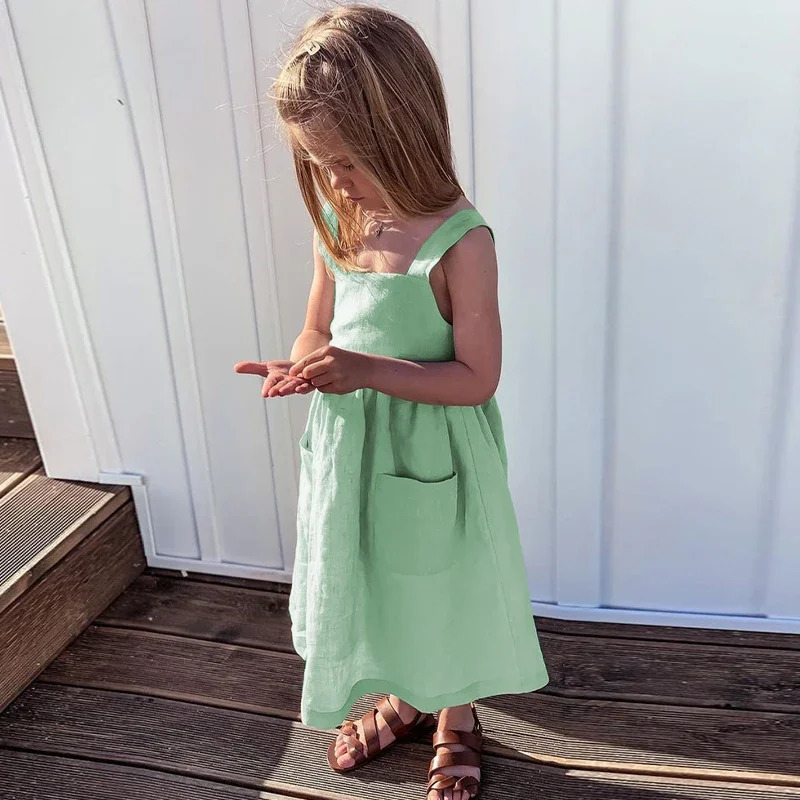 Girls Cotton And Linen Sleeveless Suspender Dress With Adjustable Shoulder Straps Summer Casual Pocket Kids Dresses TZ77 250326