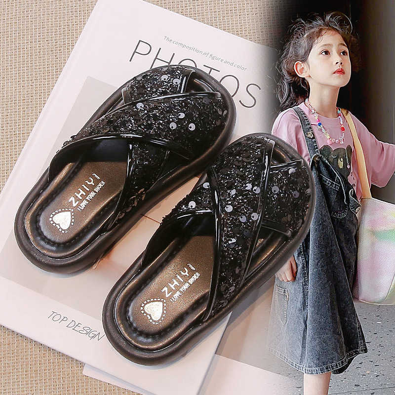 Slipper 2024 summer British style childrens slippers with sequins for girls middle-aged and young children princess shoes S25326