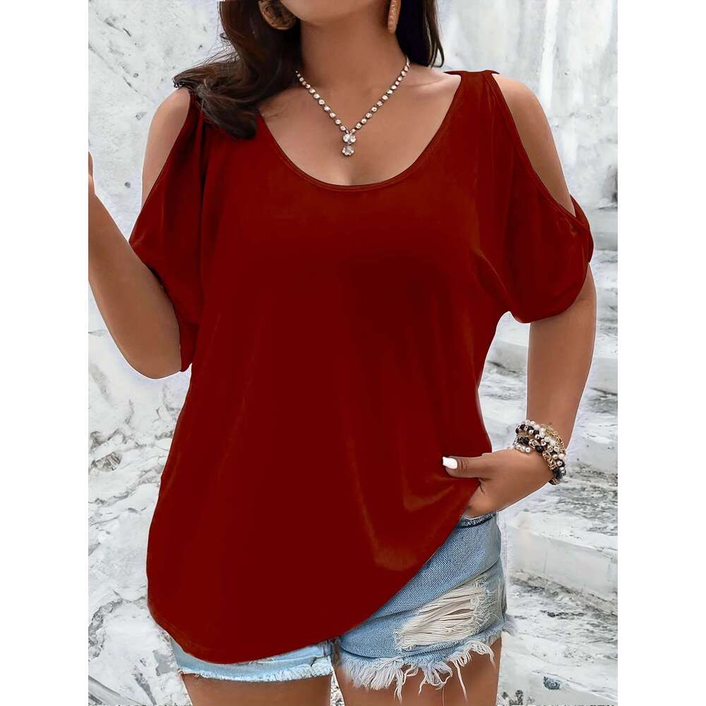 Large size women's off shoulder T-shirt, casual summer top, loose fit, fashionable cut