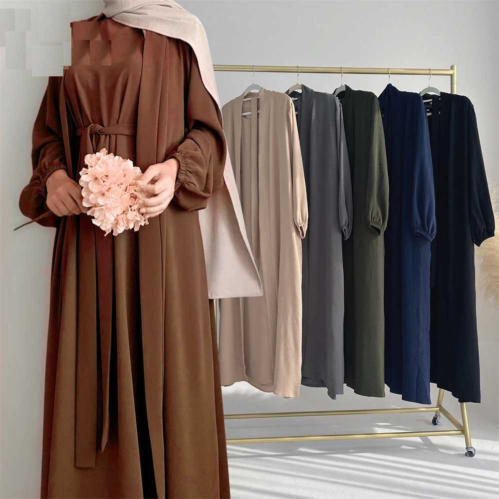 New Abaya Set Crinkle Fabric Open Abaya+Inner Long Dress Islamic Clothing Muslim Women Dresses Set Turkish Kaftan Ramadan Eid X2505141