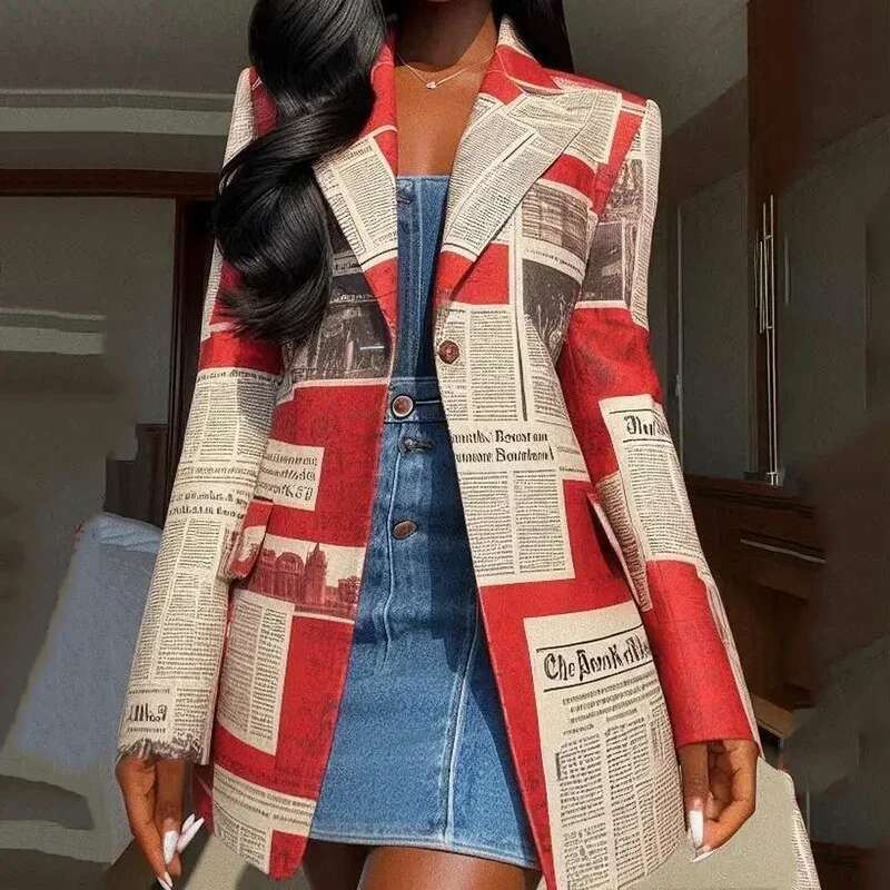 Modigirl Autumn Winter Coat Jackets For Women Newspaper Print Pattern Notched Collar Streetwear Female Long Blazer Outerwear