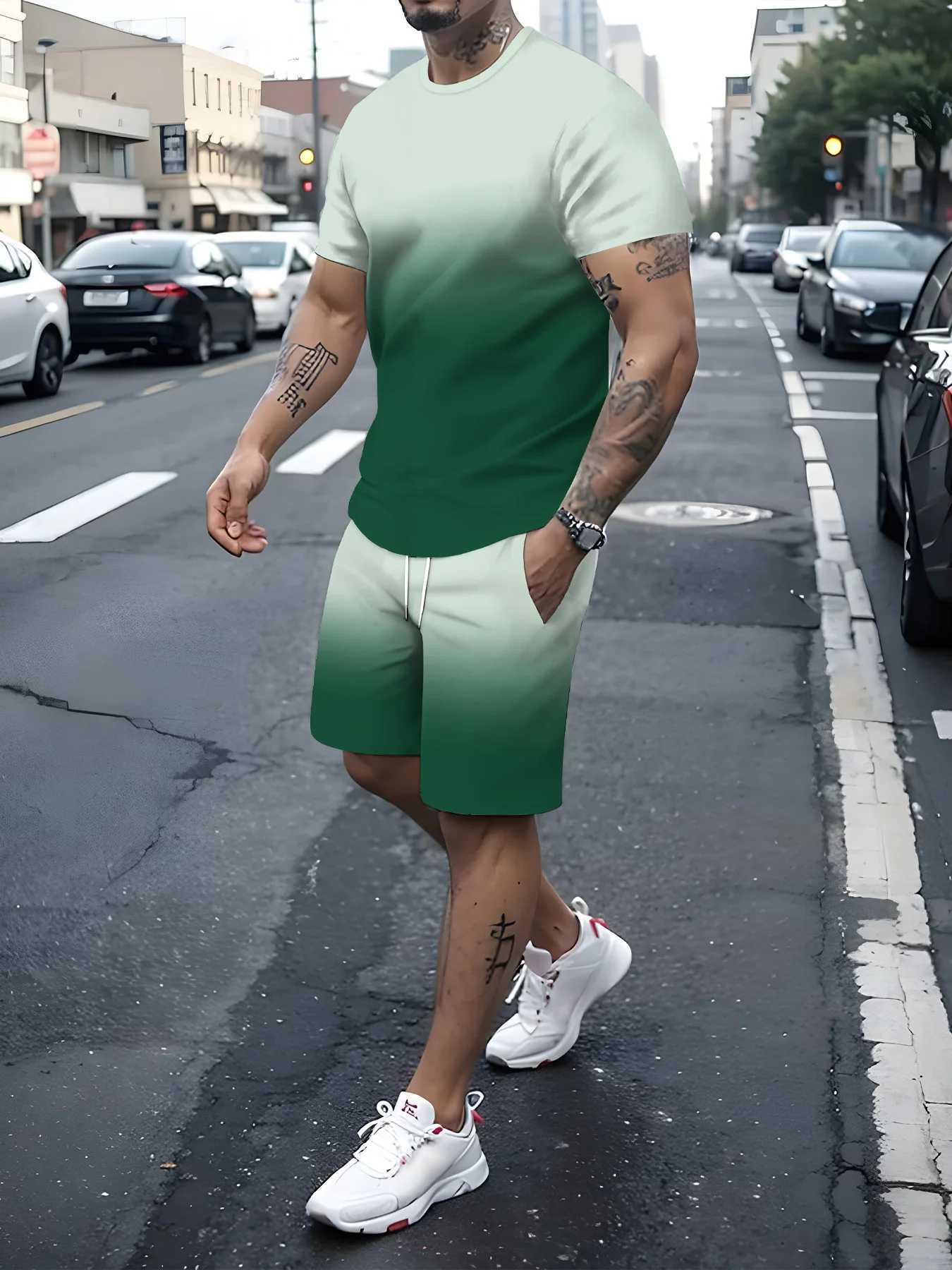 New 3D printed mens sportswear fitness set running set casual T-shirt+shorts set breathable sportswear striped setXJ250326