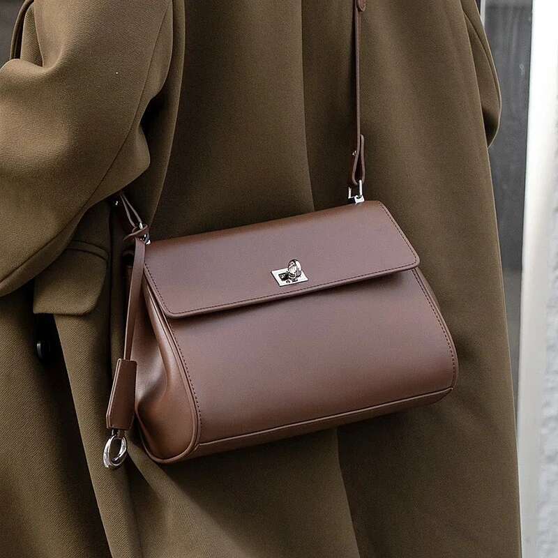 Simple Glossy Cowhide Leather Women Crossbody Black Commuting Versatile Handbag Long High-Quality Single Shoulder Armpit Bag