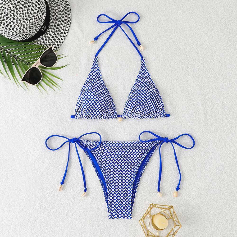 Grid Bikini Set for Women Solid Color 2 Piece Swimsuit Sexy Halter Lace-up Backless Thong Beach Vacation Swimwear 2025 New