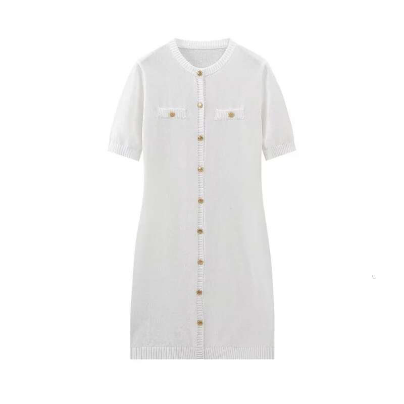 Dongdumaoyi Zomer Damesmode Nieuwe Ronde Hals Single Breasted Korte Mouw Afslanken Gebreide Mini Jurk C