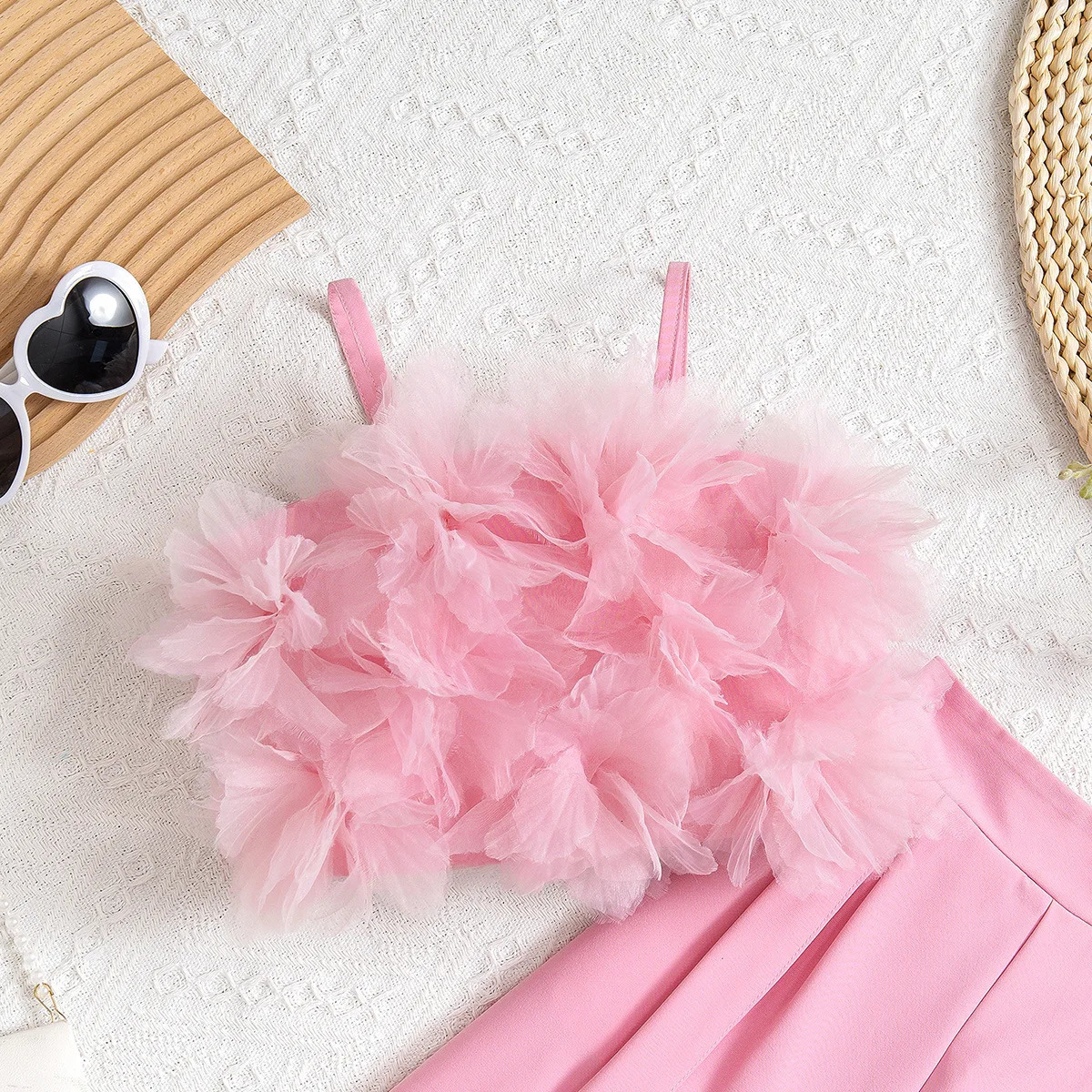 Prowow Children Clothing Summer Girls Pink Outfit Sets Lace Mesh Flower Vest and Long Pants Kids Clothes Girls Elegant Sets 250326