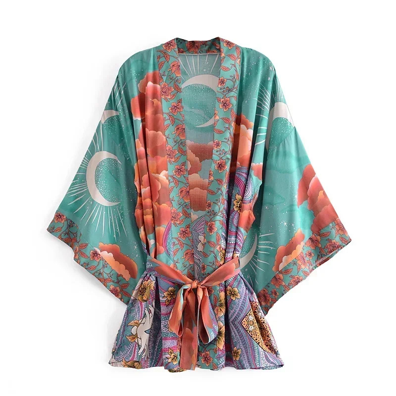Happy Queens Retro Star and Moon Flower Printed Belt Womens Bohemian Vneck Bat Sleeves Short Skirt Kimono 250326