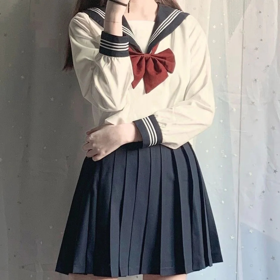 Japanese school uniform girl Jk set sexy springsummer red tie white three piece basic sailor womens long sleeved w250326