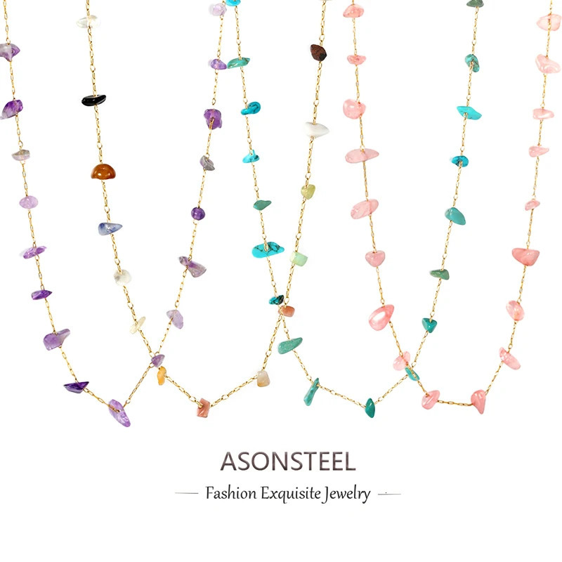 ASONSTEEL Colored Irregular Natural Stone Pendant Necklace Stainless Steel Geometric Chain Gorgeous Jewelry Gift 250325