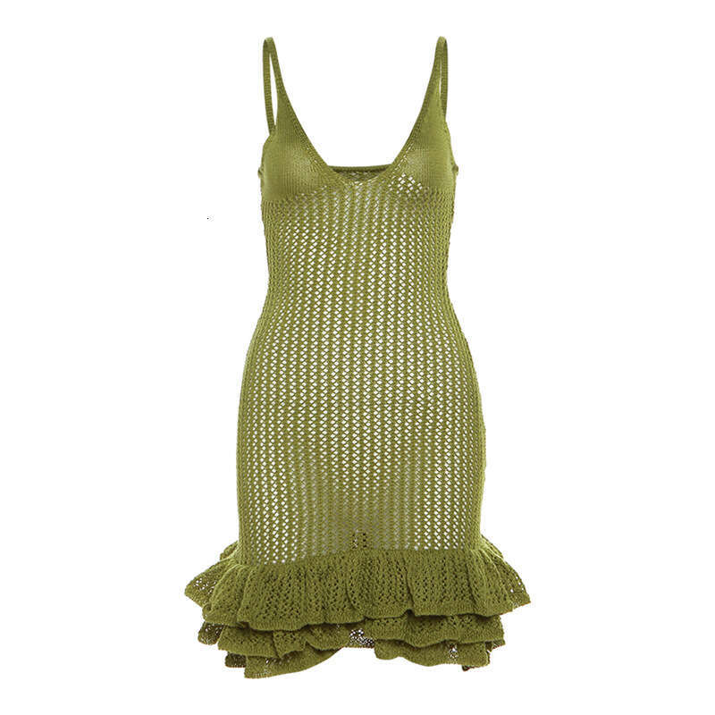Pleated Green Hem Fashion Women Knit Mini Dress Sexy Hollow Out Sleeveless Bodycon Dresses Summer Vocation Party Beach Robes