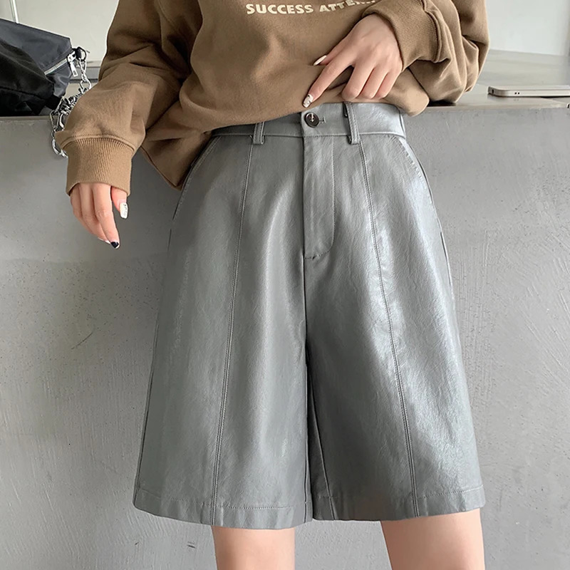 Grey high waisted casual wide leg Pu shorts for women 2023 autumn winter loose knee length washed leather 250321