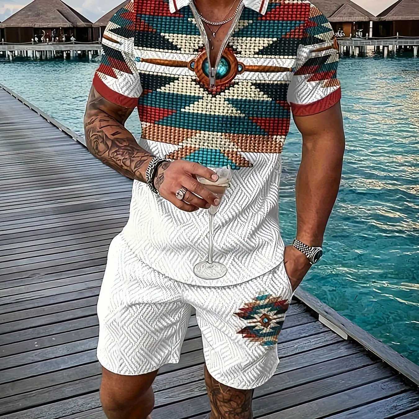 Retro ethnic style totem 3D printed mens sportswear set summer zipper polo shirt+shorts 2-piece set mens clothing track setXJ250326