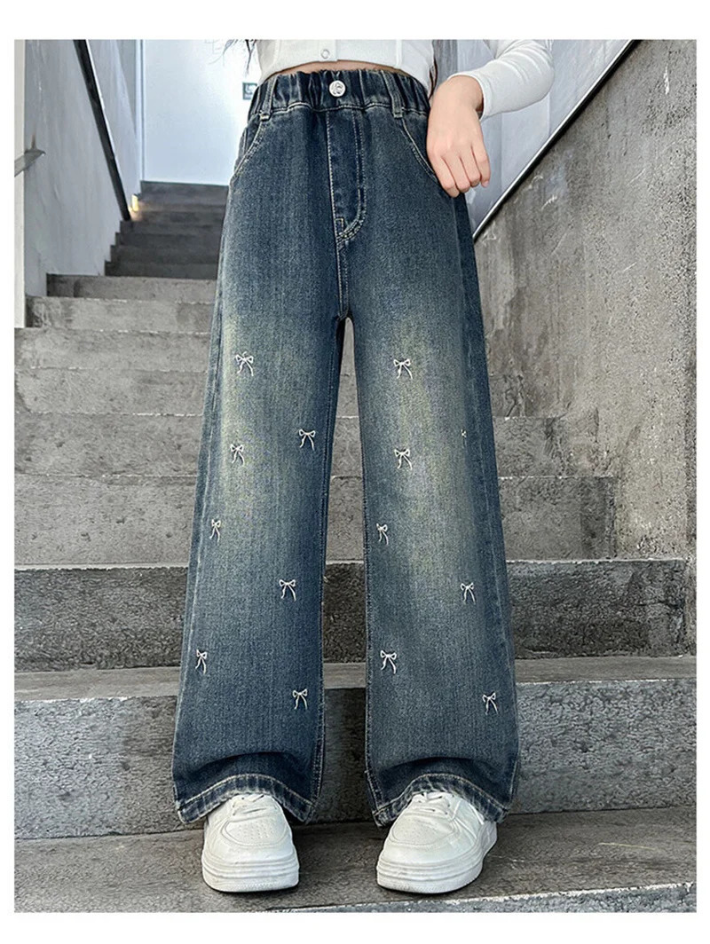 Girls Bow Jeans Spring Childrens Elastic Straight Autumn Youth Printed Wide Leg Trouser Fashion Pants 250325