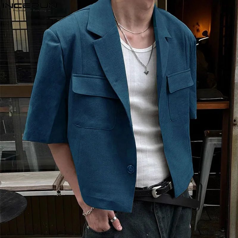 INCERUN Mens Solid Color Collar Short Sleeve Button Pocket Casual Set Street Clothing Fashion Jacket S5XL 250326