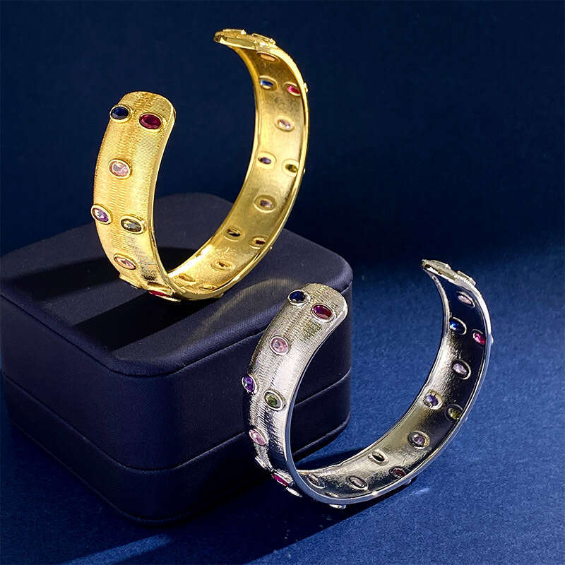 Italian court style brushed open bangle with oval colored dia elegant temperament C-shaped gold-plated bracelet
