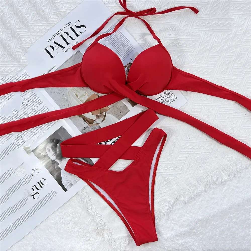Twisted Bandage Halter Bikini 2025 Mujer High Waist Swimwear Women Swimsuit Bathing Suit Brown Brazilian Bikinis Sets Beach wear