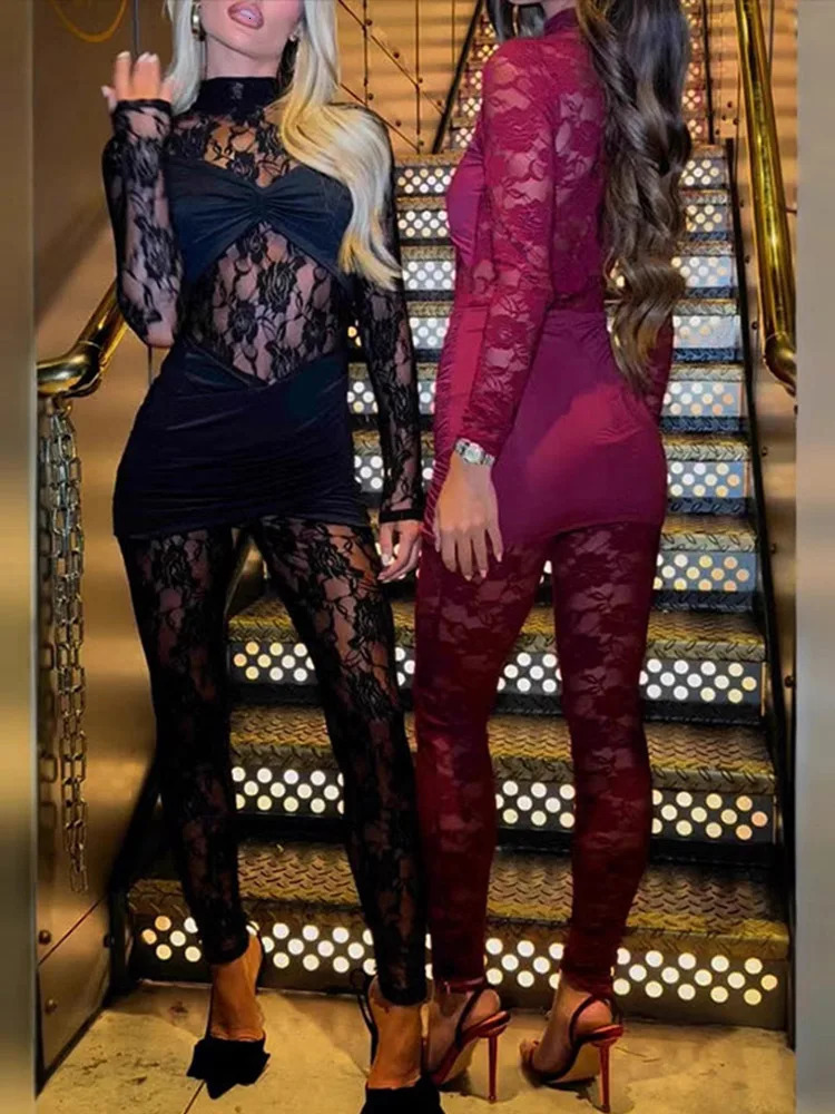 Sexy lace hollow outer jumpsuit womens turtle neck full sleeve slim fit hip bag springsummer fashionable set 250326
