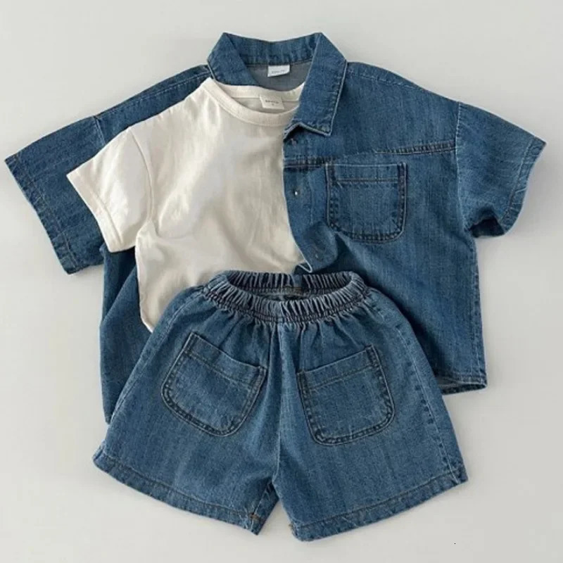 Korean Version of Short Sleeved Denim Shirt Shorts Set for Boys and Girls Summer Fashionable Two-piece Set 250326