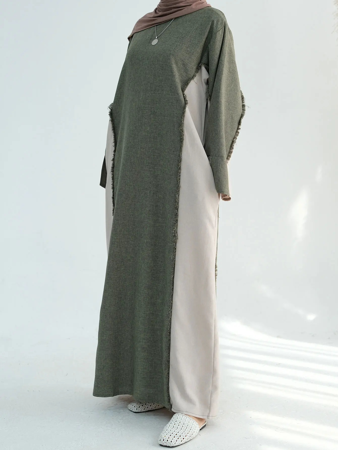 Trend Contrastive Color Womens Clothing Humble Abaya Muslim Linen Closed Ramadan EID Dubai 250326