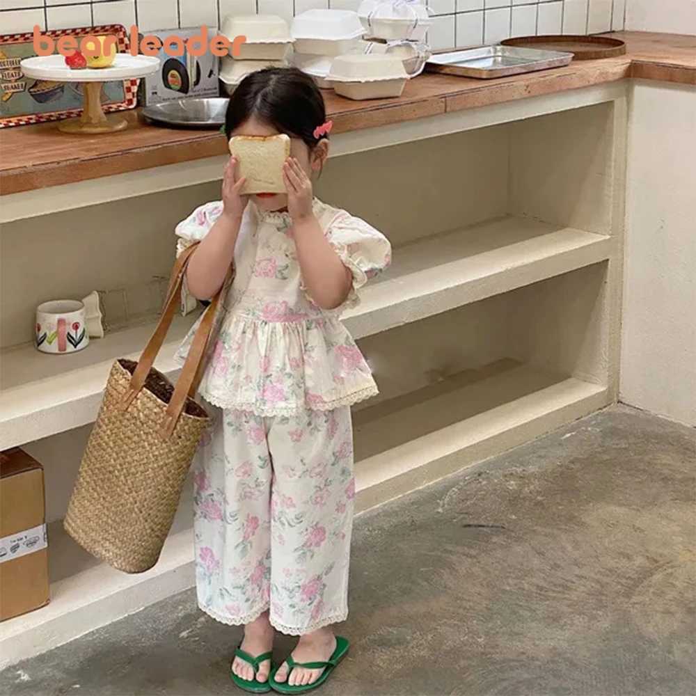 Bear Leader Girls Set 2023 Summer Korean Edition Short Sleeve Bubble Sleeve+Wide Leg Pants Girls SetT250327