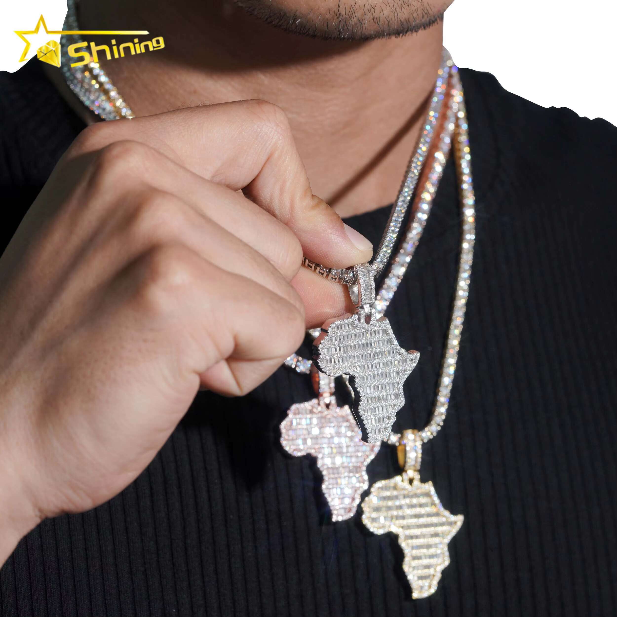 Map Moissanite Pendant 925 Sterling Silver VVS Moissanite Pendant Iced Out Diamond Charms Necklace Fine Jewelry Fast Ship