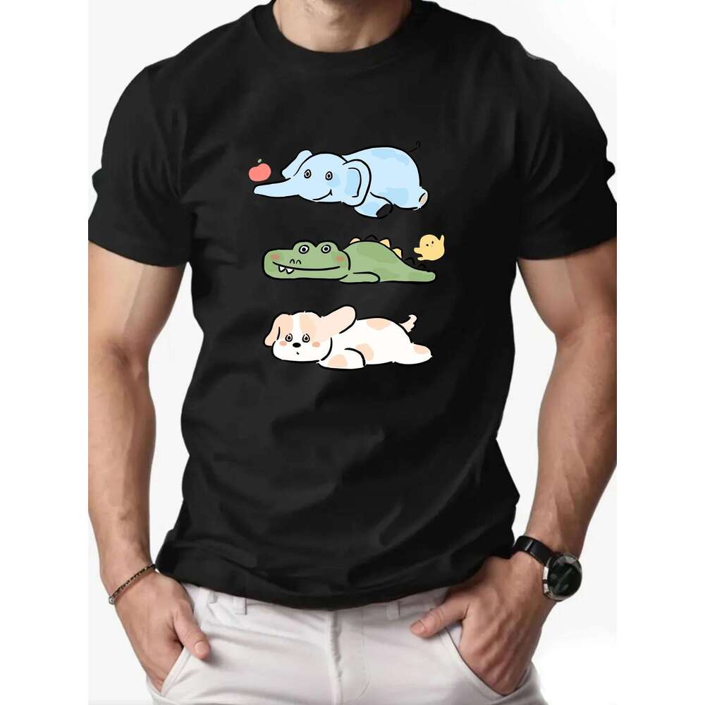 Men s round neck short sleeved T shirt cotton cartoon print casual summer fashion high quality gymnastics