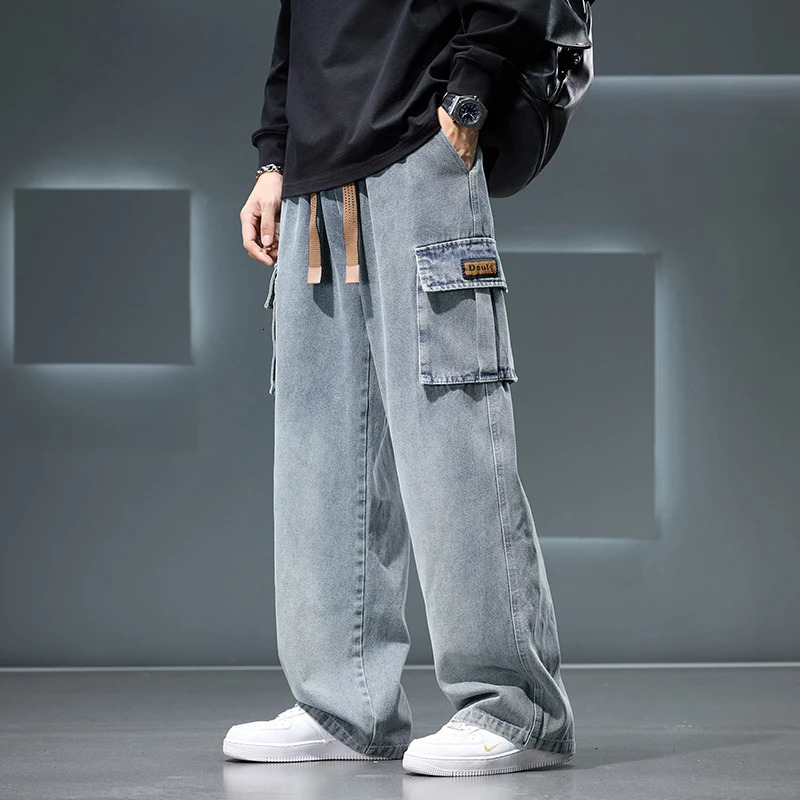 Autumn Wide Leg Washing Jean Pants Men Trousers Neutral Solid Color Loose Casual Fashion Pocket Cargo Pants Big Size 8xl 250317