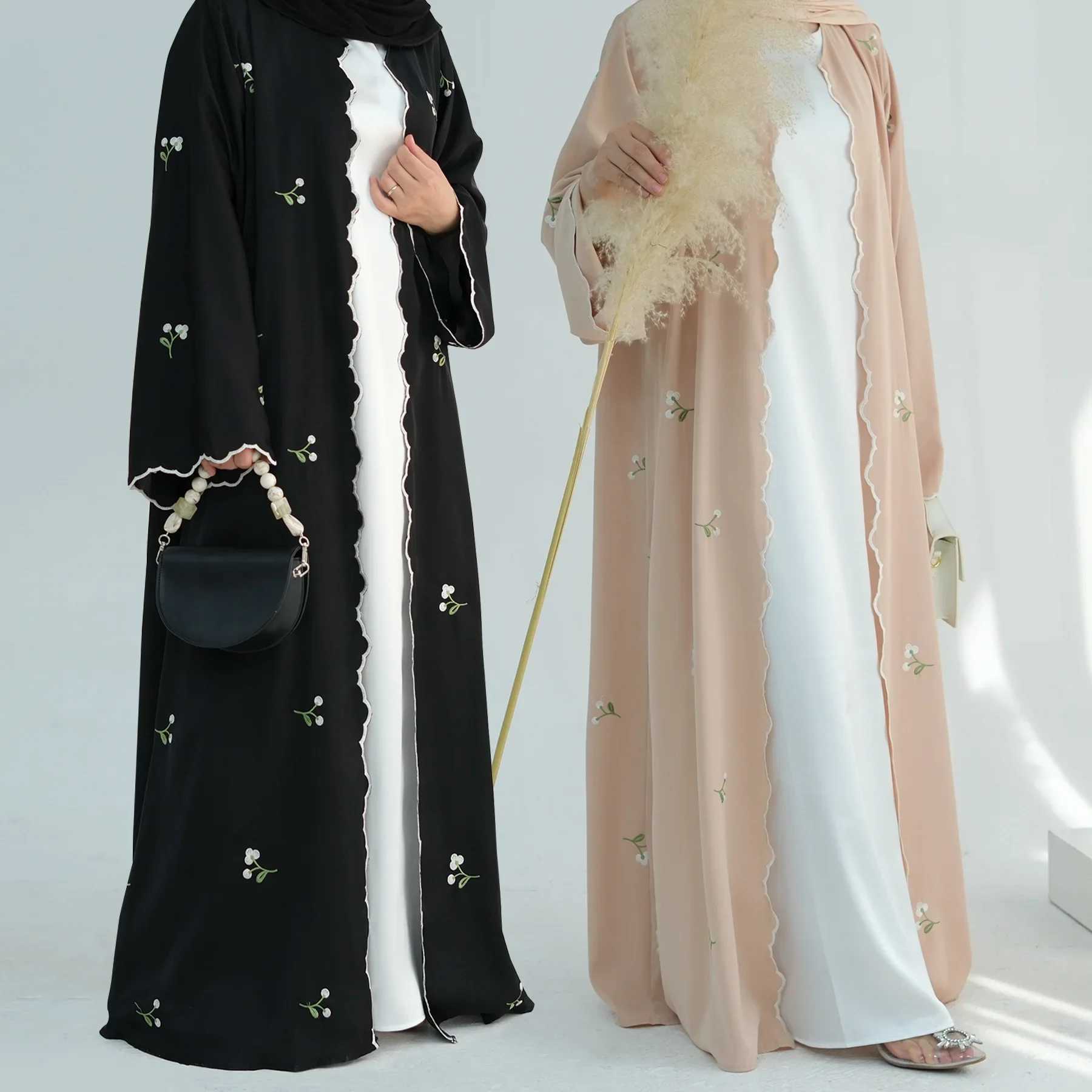 Women Elegant Front Open Wavy Abaya Dubai Embroidery Flower Cardigan Muslim Loose Burqa Islamic Long Slved Dress Robe Kaftan X250514