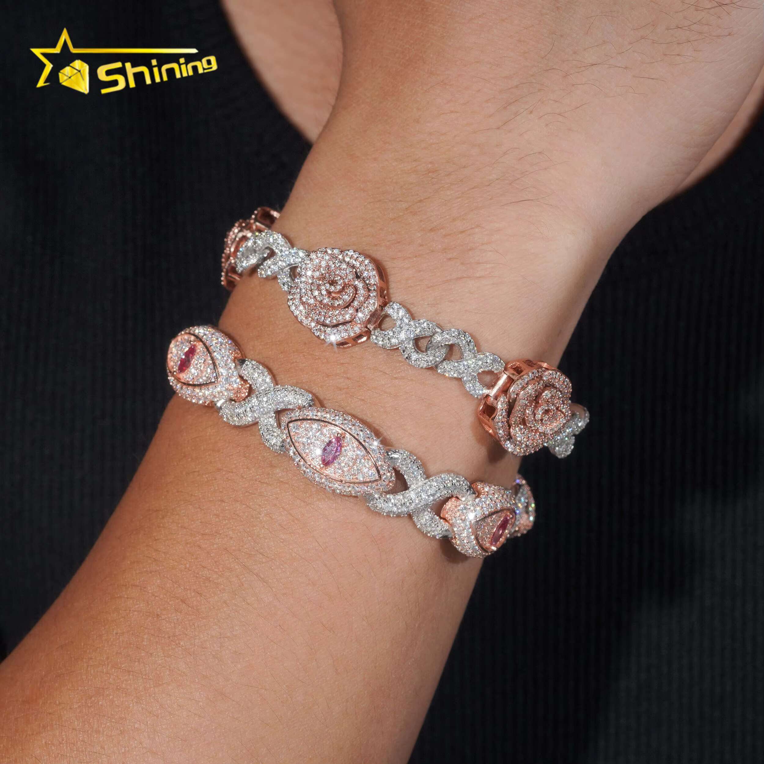 Real 925 Sterling Silver Gold Plated Hip Hop Jewelry Custom Colored Infinity Moissanite Cuban Bracelet Cat Eye Bracelets