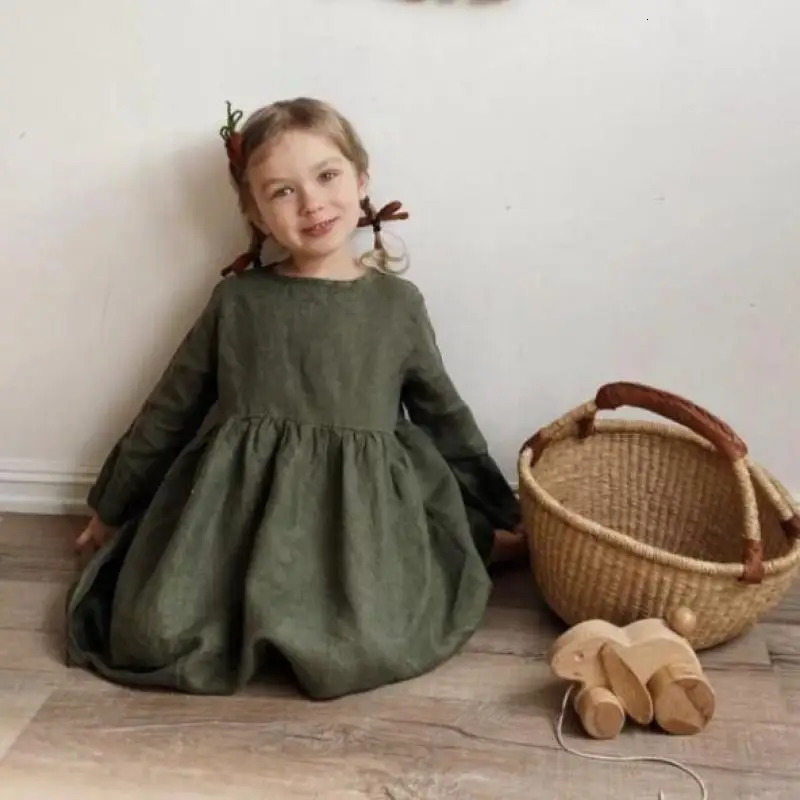 Autumn Girl Children Retro Solid Simple Casual Dress For Party And Wedding Baby Cotton Linen Long Sleeves Princess Dresses 250326