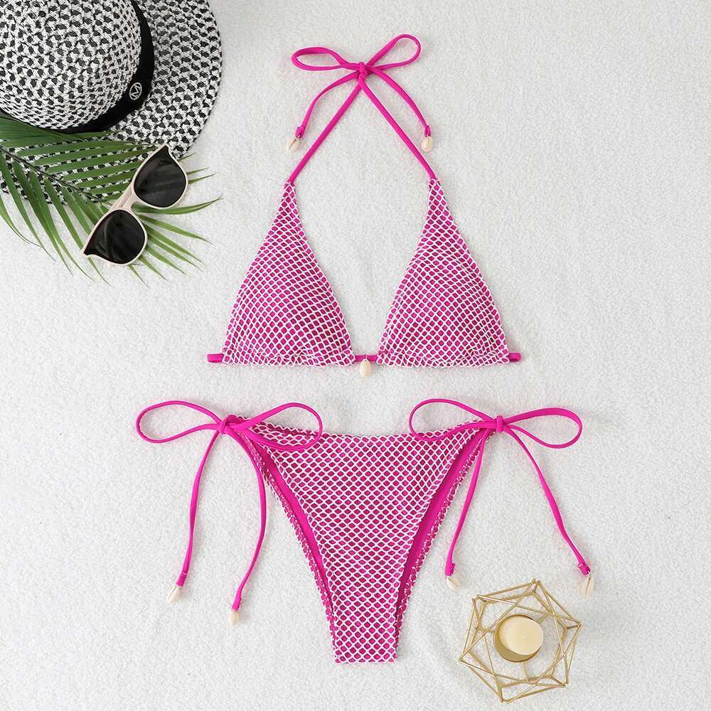 Grid Bikini Set for Women Solid Color 2 Piece Swimsuit Sexy Halter Lace-up Backless Thong Beach Vacation Swimwear 2025 New
