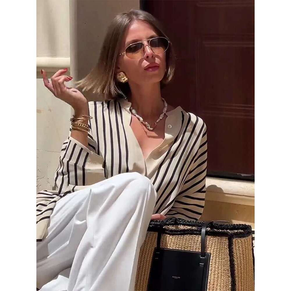 Women's Wear Elegant Stripe Satin Silk Shirts Women Single Breasted Long Sleeved Blouse O Neck Female 2024 New Vacation Office Commute Tops