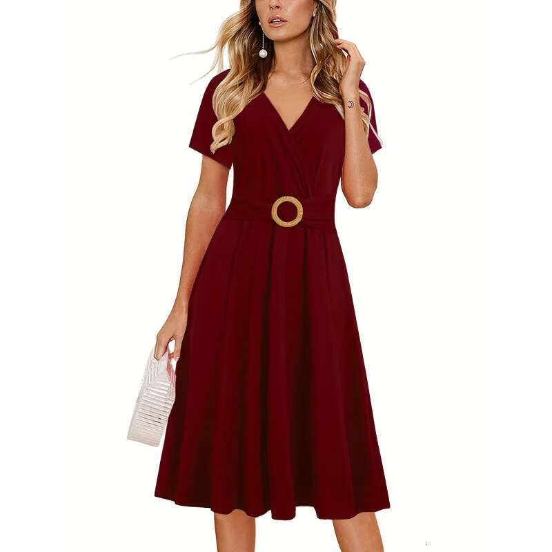 Dongdumaoyi Dames Elegante Normale Pasvorm Met Riem Zomer Casual Werk Kerk Theejurk Zakken Polyester Elastaan WD