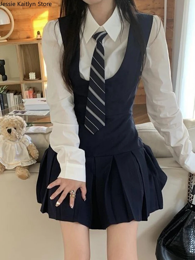 Japanese Kawaii School Student Uniform Womens Cute Girl JK Role Playing Autumn White Shirt and Wrinkle Anti Slip Dress Set 250326